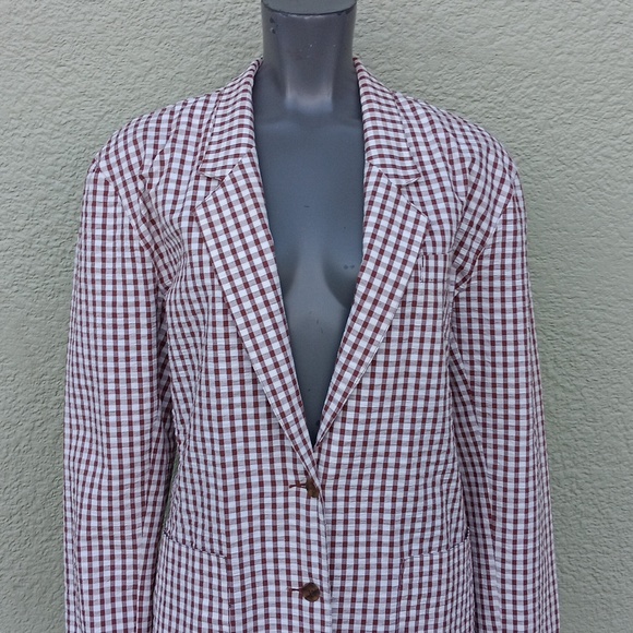 LIZ CLAIBORNE LIZSPORT LADIES PURE COTTON SEERSUCKER CHECK (2) BUTTON LUX BLAZER - Picture 4 of 17